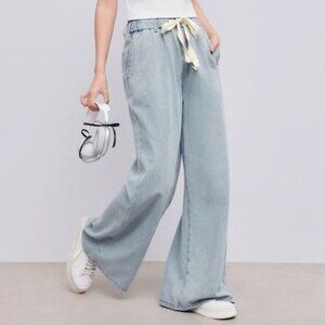 Cider Wide Leg Jeans High Rise Elastic Drawstring Waist Light Wash Denim M